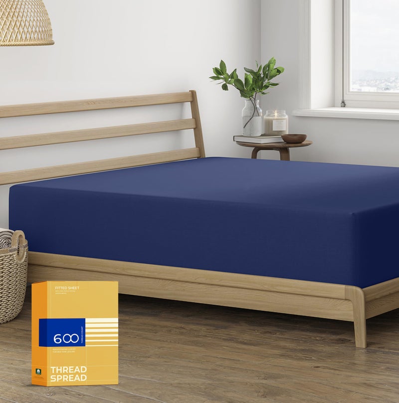 THREAD SPREAD Twin XL Fitted Sheet Only - 100% Egyptian Cotton 600 Thread Count Deep Pocket Fitted Sheet Twin XL  Cooling Sateen Elastic Bottom Sheet  Fits College Dorm Mattress  Teens - Navy Blue - Image 1