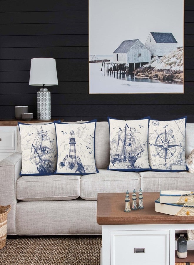 Bonhause Nautical Sailing Throw Pillow Covers 18 x 18 Inch Set of 4 Sailboat Compass Lighthouse Decorative Pillows Case Polyester Linen Cushion Covers for Couch Sofa Bed Home Decor - Image 2