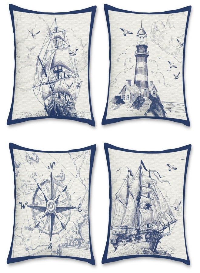 Bonhause Nautical Sailing Throw Pillow Covers 18 x 18 Inch Set of 4 Sailboat Compass Lighthouse Decorative Pillows Case Polyester Linen Cushion Covers for Couch Sofa Bed Home Decor - Image 1
