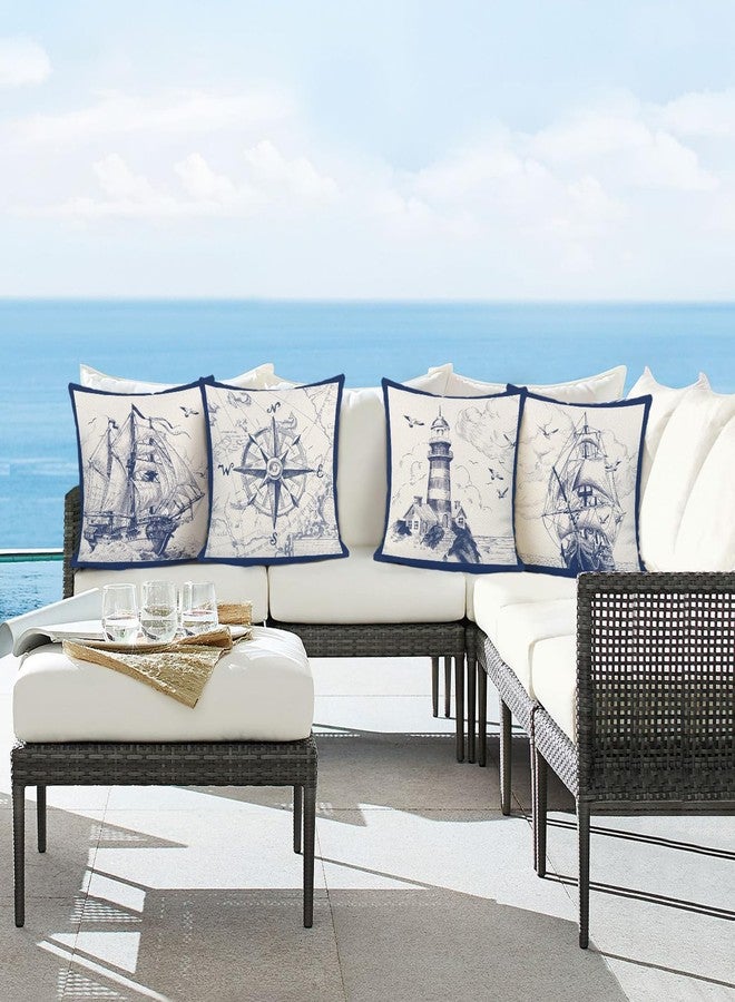 Bonhause Nautical Sailing Throw Pillow Covers 18 x 18 Inch Set of 4 Sailboat Compass Lighthouse Decorative Pillows Case Polyester Linen Cushion Covers for Couch Sofa Bed Home Decor - Image 3