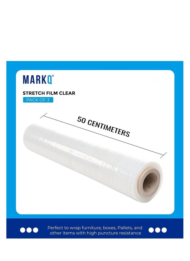 MARKQ [3 Rolls] Clear Stretch Film Wrap - 500mm Heavy Duty Plastic Shrink Wrap for Pallet Wrap, Packing, Moving and Packaging - Cling Wrap  - Image 2