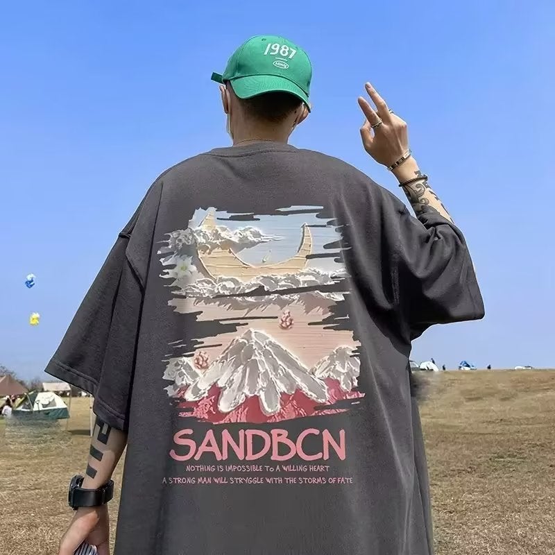 American Oil Painting Print Half Sleeve T-Shirt For Boys Summer Casual Loose Trendy Brand Trendy Plus Size Top For Teenagers - Image 3