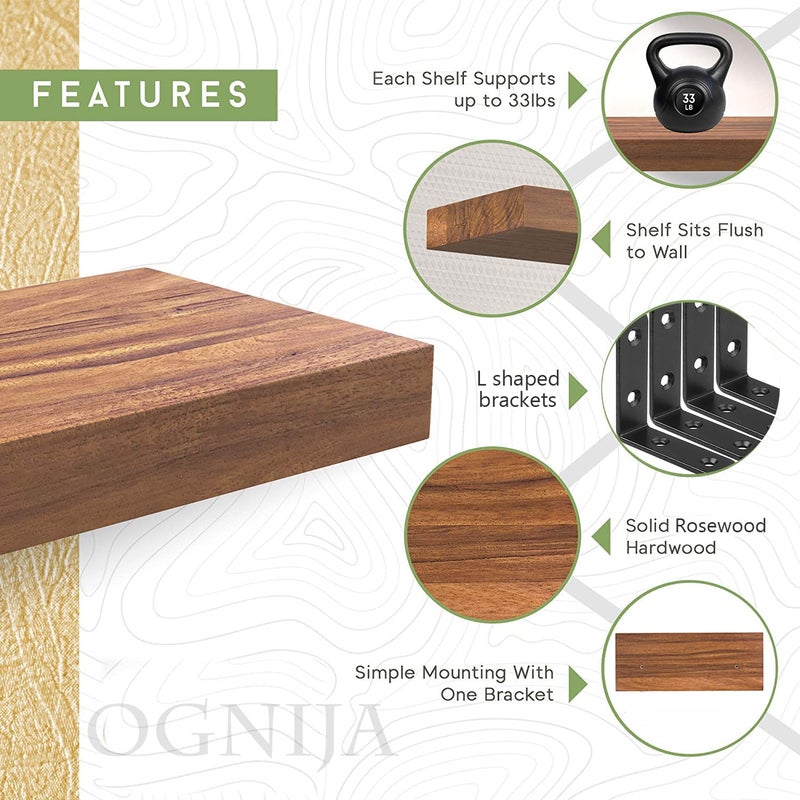 OGNIJA Floating Wall Mounted 17Inch Thick Handmade Set of Dark Brown Wooden Shelves Natural Rustic Farmhouse sheesham Wood Rosewood for Kitchen Bathroom Bedroom Decor Set of 2 - Image 2