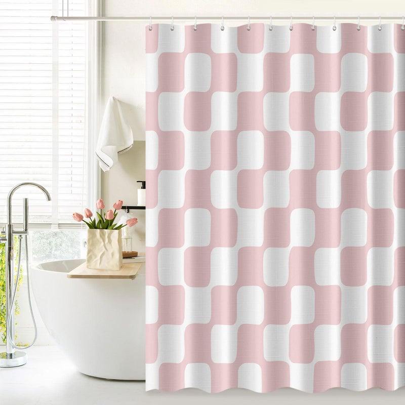 Tititex Retro Checkerboard Grid Pattern 140gsm Faux Linen Fabric Shower Curtain, White Blush Pink Classical Groovy Wavy Checkered Shower Curtain Sets Decoration 72x72 Inch with Hooks - Image 2