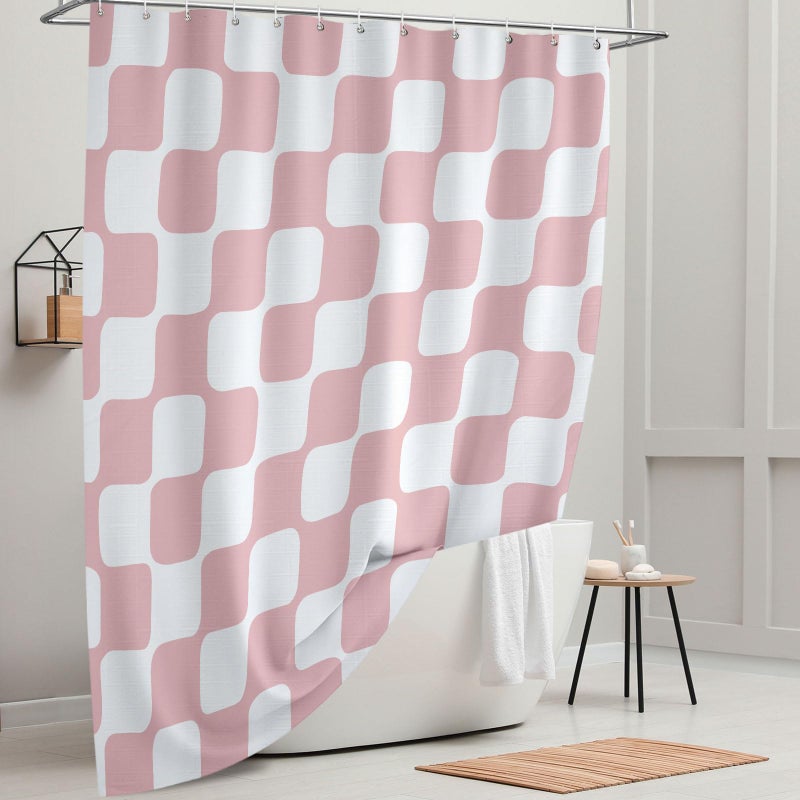 Tititex Retro Checkerboard Grid Pattern 140gsm Faux Linen Fabric Shower Curtain, White Blush Pink Classical Groovy Wavy Checkered Shower Curtain Sets Decoration 72x72 Inch with Hooks - Image 3