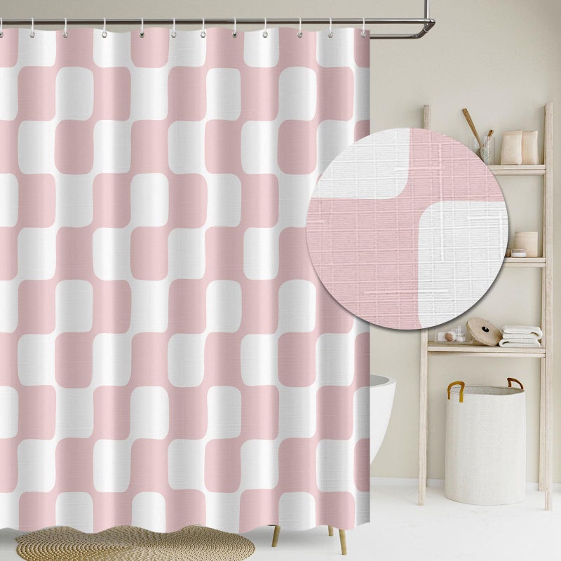 Tititex Retro Checkerboard Grid Pattern 140gsm Faux Linen Fabric Shower Curtain, White Blush Pink Classical Groovy Wavy Checkered Shower Curtain Sets Decoration 72x72 Inch with Hooks - Image 1