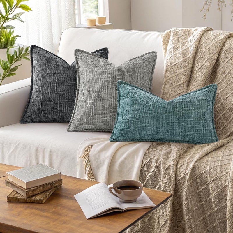 ديكور يو هوم أغطية وسائد زينة من الشنيل decorUhome 26x26 مجموعة من 2، أغطية وسائد زينة عصرية ناعمة ذات ملمس خشن بتصميم أنيق للأريكة والأريكة وغرفة المعيشة، بلون رمادي داكن - Image 5