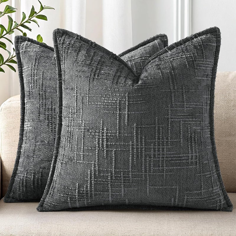 ديكور يو هوم أغطية وسائد زينة من الشنيل decorUhome 26x26 مجموعة من 2، أغطية وسائد زينة عصرية ناعمة ذات ملمس خشن بتصميم أنيق للأريكة والأريكة وغرفة المعيشة، بلون رمادي داكن - Image 1