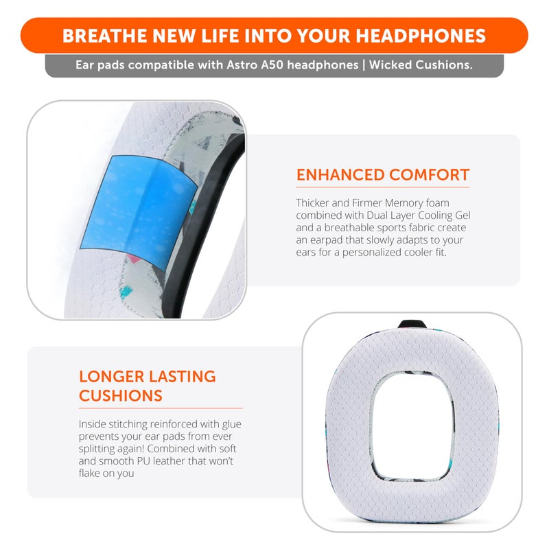 WC Mod Kit A50 - Cooling Gel Earpads + Headband Replacement for Astro A50 Gen 4, Gen 5 & A50X by Wicked Cushions | Enhanced Comfort, Cooling & Durability | 90's White - Image 4