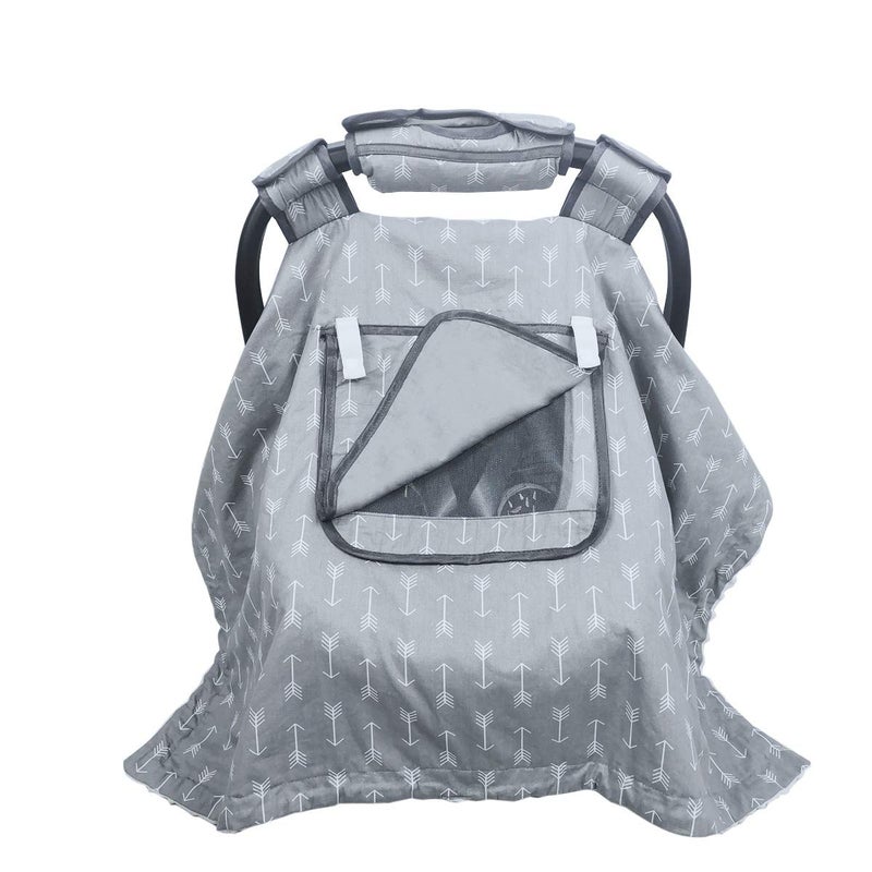 ICOPUCA Car seat Covers for Babies boy Girl, Carseat Canopy for Newborn Carrier, 2 Layers Windows of mesh/Fabric, No Shifting on Carrier Handle, Cotton and Fleece, Handle Cushion, White Minky - Image 1