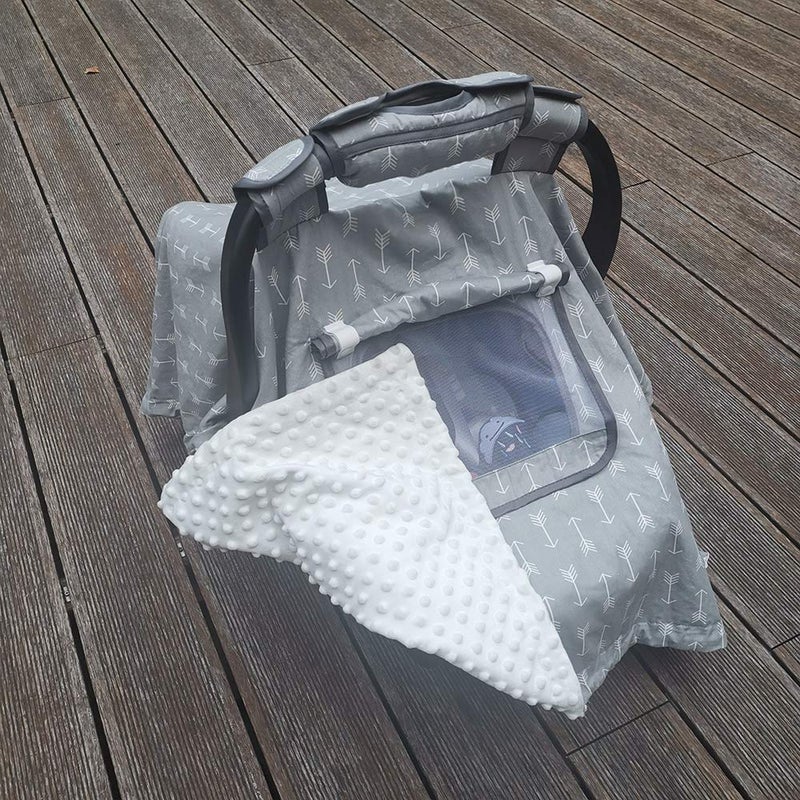 ICOPUCA Car seat Covers for Babies boy Girl, Carseat Canopy for Newborn Carrier, 2 Layers Windows of mesh/Fabric, No Shifting on Carrier Handle, Cotton and Fleece, Handle Cushion, White Minky - Image 3