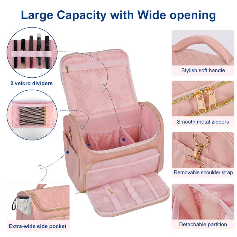 GR69N Travel Toiletry Bag Large Cosmetic Makeup Bag Organizer for Women,Wide-open Make Up Bag Waterproof Makeup Case Travel Bag with Handle and Dividers for Toiletries,Essentials,Accessories,Dark Pink - Image 2
