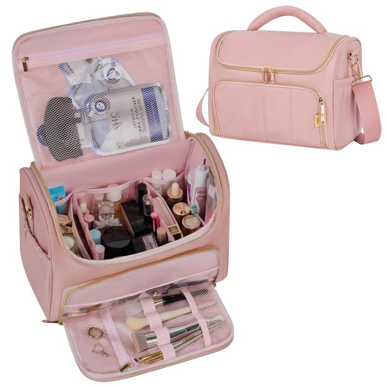 GR69N Travel Toiletry Bag Large Cosmetic Makeup Bag Organizer for Women,Wide-open Make Up Bag Waterproof Makeup Case Travel Bag with Handle and Dividers for Toiletries,Essentials,Accessories,Dark Pink - Image 1