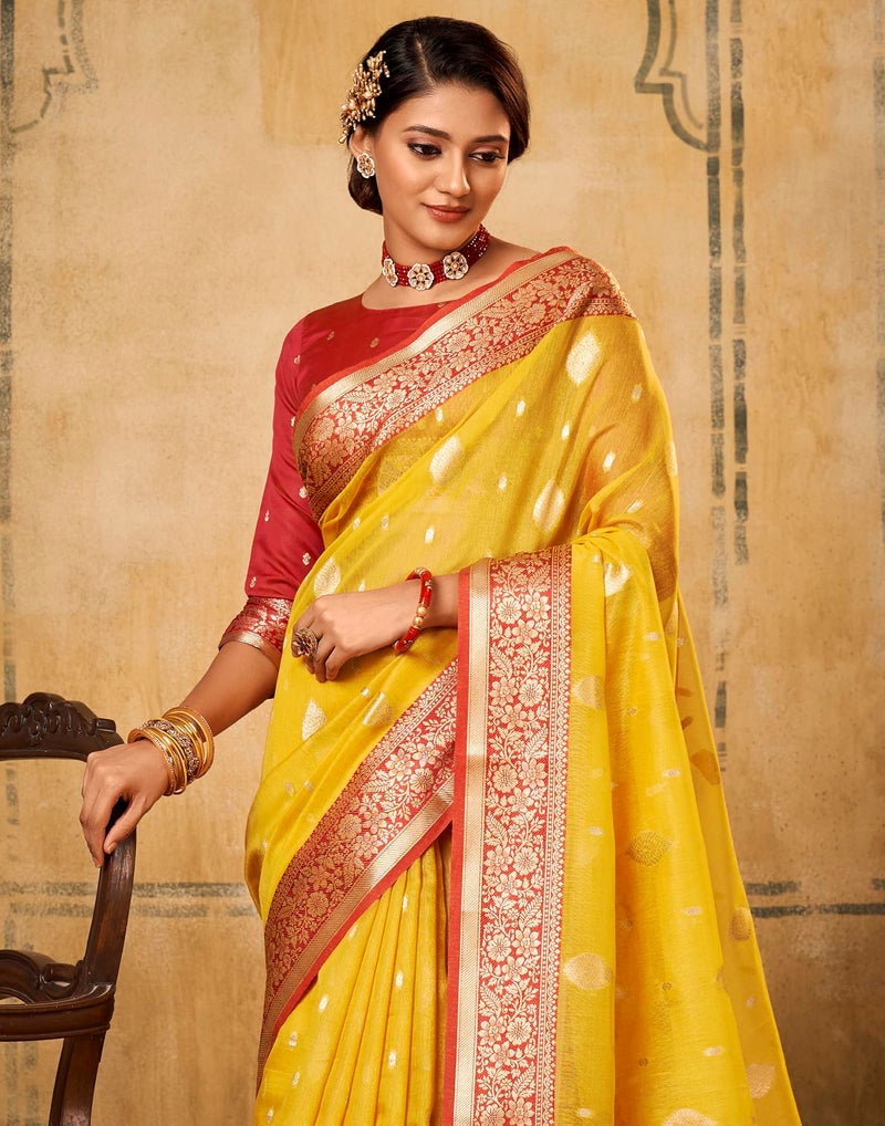 SIRIL Women's Silk Banarasi Silk Saree With Unstitched Blouse Piece(2786S104-Yellow) - Image 5