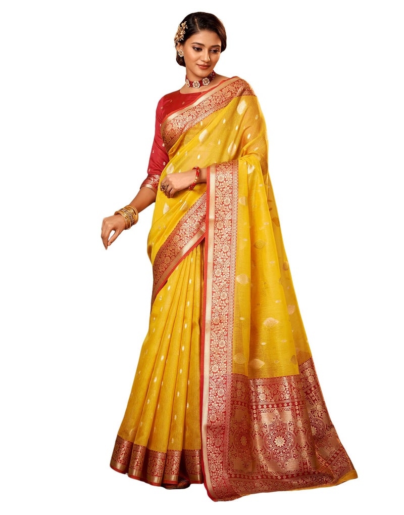 SIRIL Women's Silk Banarasi Silk Saree With Unstitched Blouse Piece(2786S104-Yellow) - Image 1
