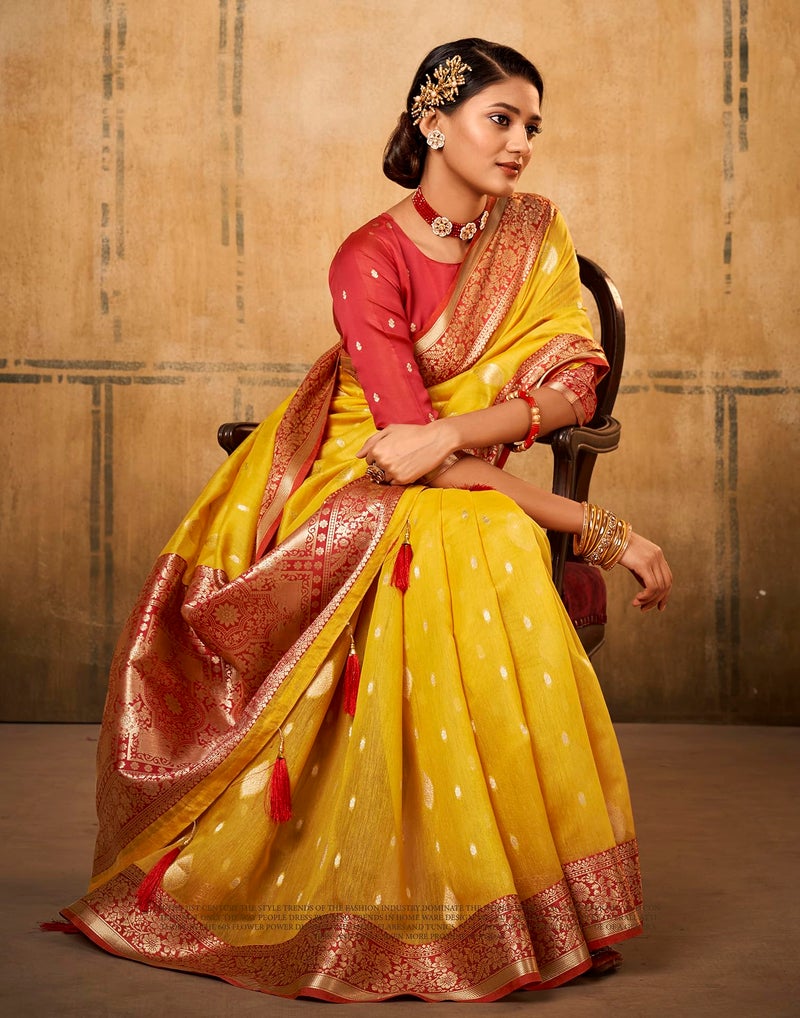 SIRIL Women's Silk Banarasi Silk Saree With Unstitched Blouse Piece(2786S104-Yellow) - Image 3