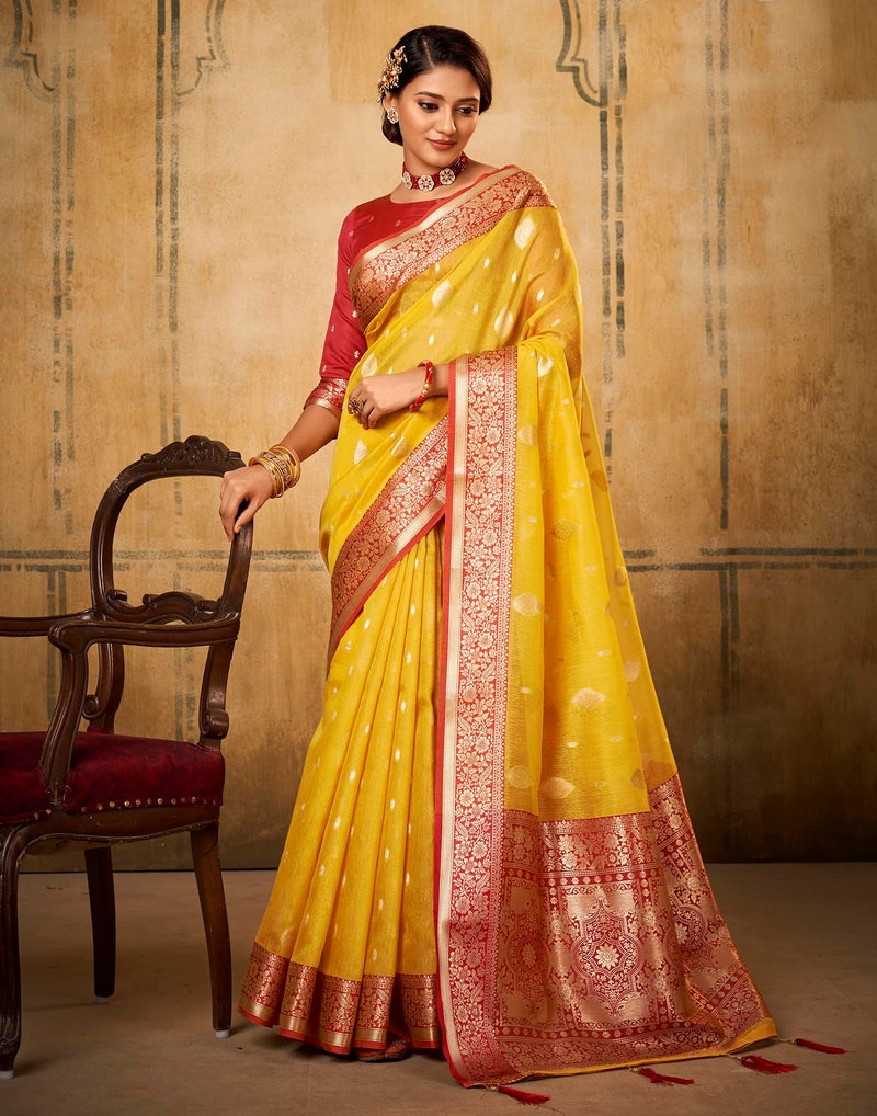 SIRIL Women's Silk Banarasi Silk Saree With Unstitched Blouse Piece(2786S104-Yellow) - Image 2