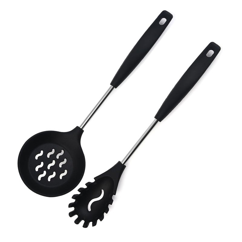 FS COOL Silicone Pasta Fork Bpa Free Spaghetti Strainer Skimmer Spoon for Frying Oil Strainer for Deep Frying Cooking Skimmer Non Stick Spoon Set for Cooking Set of 2 Black - Image 1