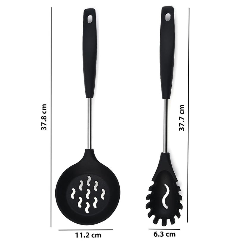 FS COOL Silicone Pasta Fork Bpa Free Spaghetti Strainer Skimmer Spoon for Frying Oil Strainer for Deep Frying Cooking Skimmer Non Stick Spoon Set for Cooking Set of 2 Black - Image 2