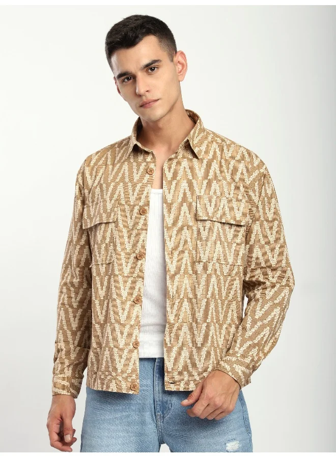 Beyoung Sand Brown Chevron Printed Shacket