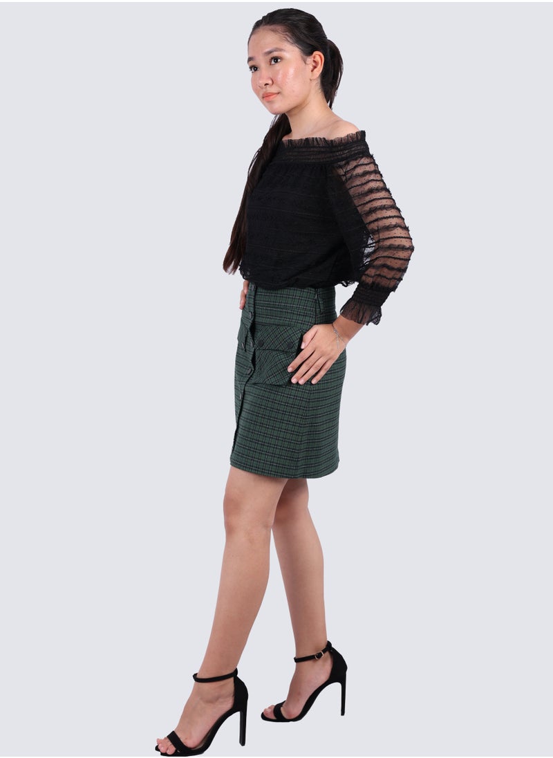 VERO MODA - Women's Checked Flap Pockets Skirt in Dark Safari - Image 1