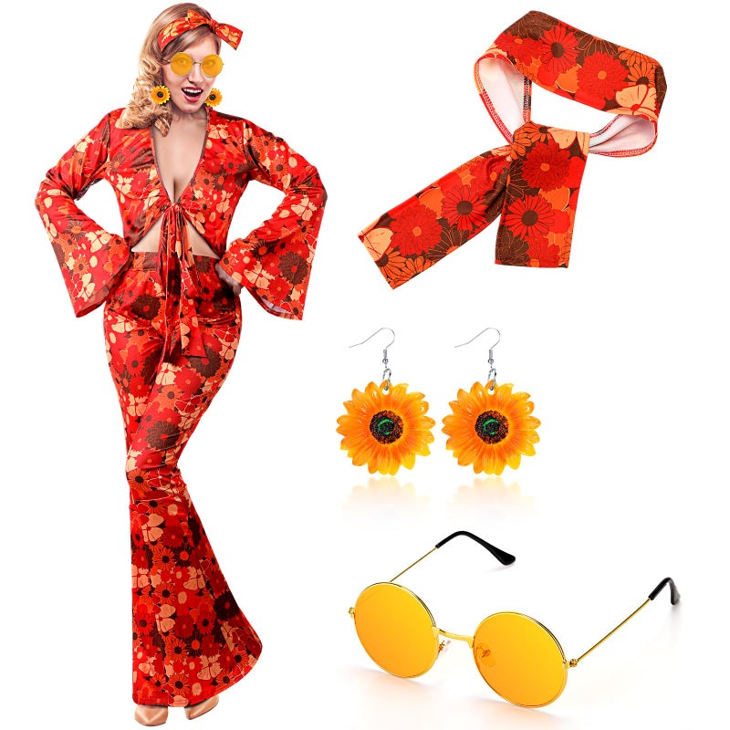 Foaincore 6 Pcs 70s Disco Outfits for Women Hippie Halloween Costume Set Flared Pants Headband Earring Sunglass(X-Large) - Image 2
