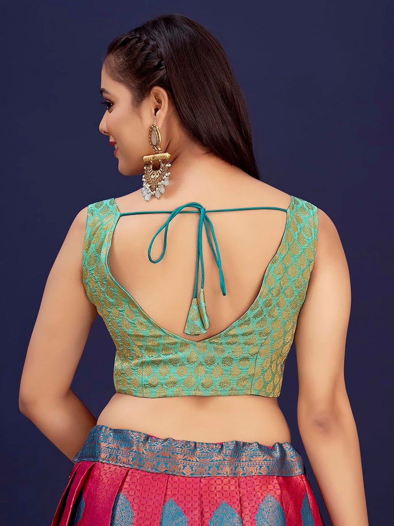 Vardha Women's Art Silk Blouse with Readymade Design and Sleeveless Style and Gold Zari | Blouse for Women - Image 5
