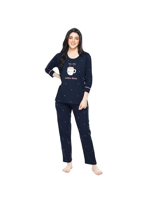 Women's Cotton Dot Printed Night Suit Set of Top & Pajama Set