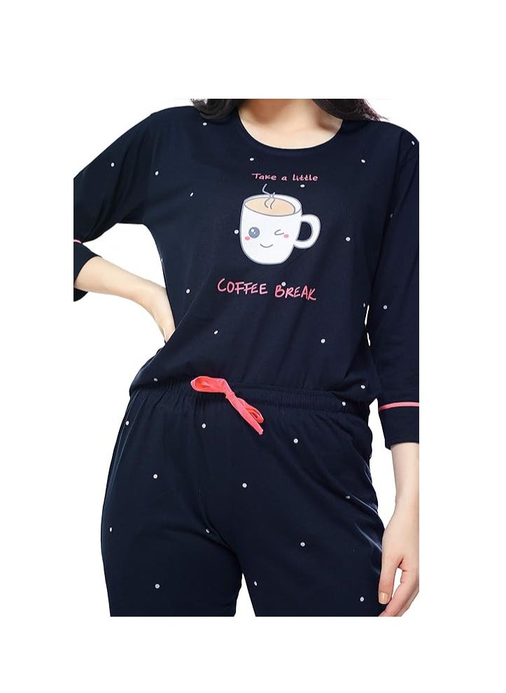 Women's Cotton Dot Printed Night Suit Set of Top & Pajama Set