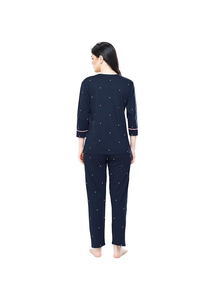 Women's Cotton Dot Printed Night Suit Set of Top & Pajama Set