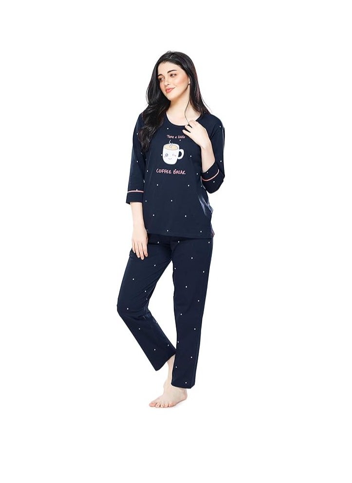 Women's Cotton Dot Printed Night Suit Set of Top & Pajama Set