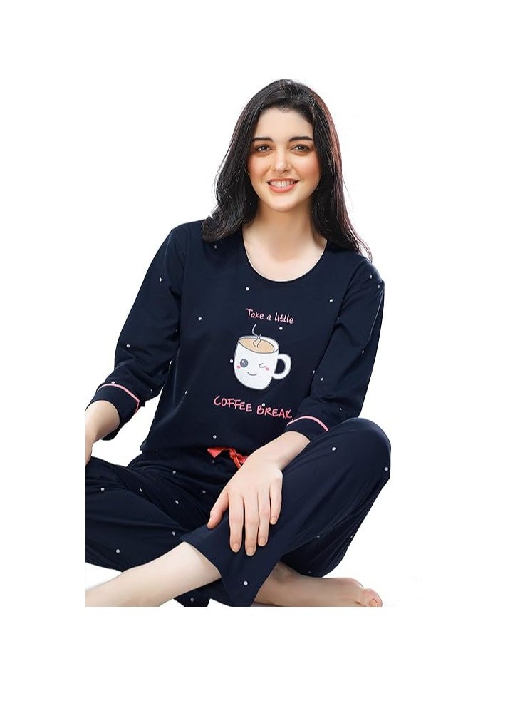 Women's Cotton Dot Printed Night Suit Set of Top & Pajama Set