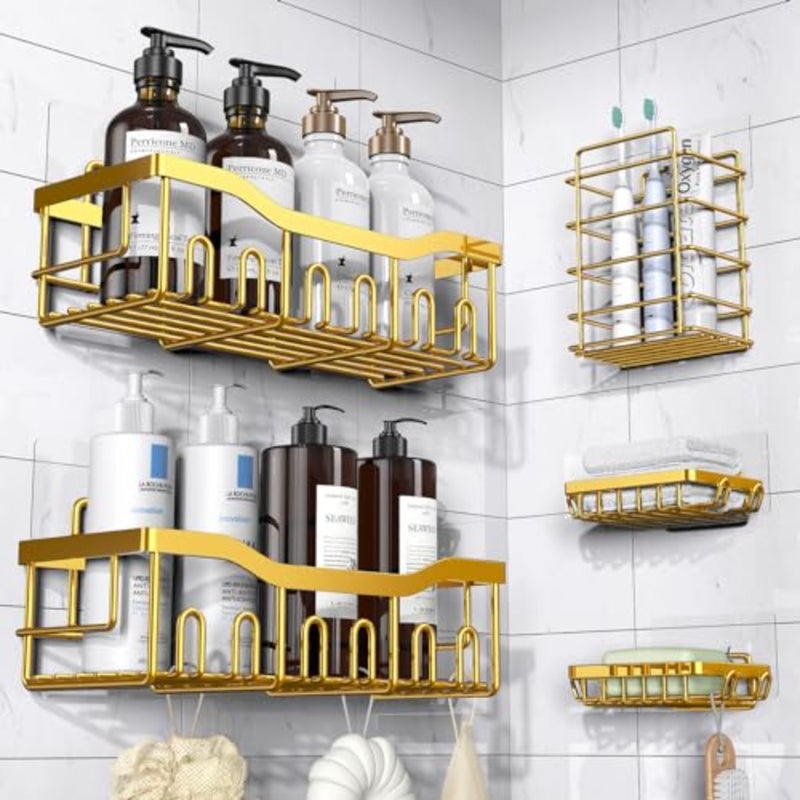 Adhesive Shower Caddy, 5 Pack Rustproof Stainless Steel Bath Organizers With Large Capacity, No Drilling Shelves for Bathroom Storage and Home Decor