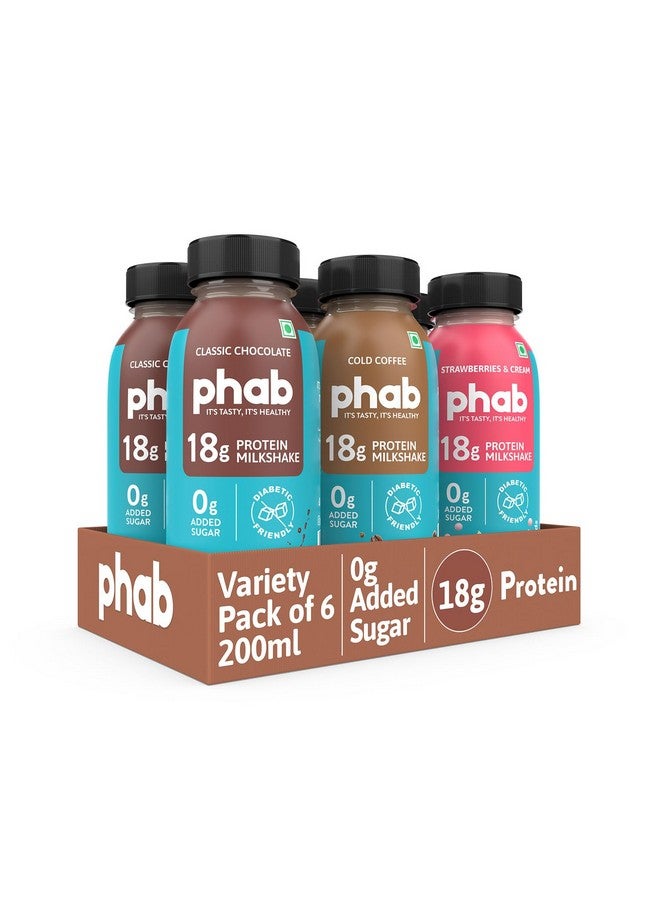 Phab Assorted Protein Milkshakes with 18g Protein & No Added Sugar | Gluten-Free & Gut-Friendly, Trans Fat Free | Rich Source of Fibre & Pre-biotics | Healthy & Delicious Protein Shake (200ml, Pack of 6) - Image 1