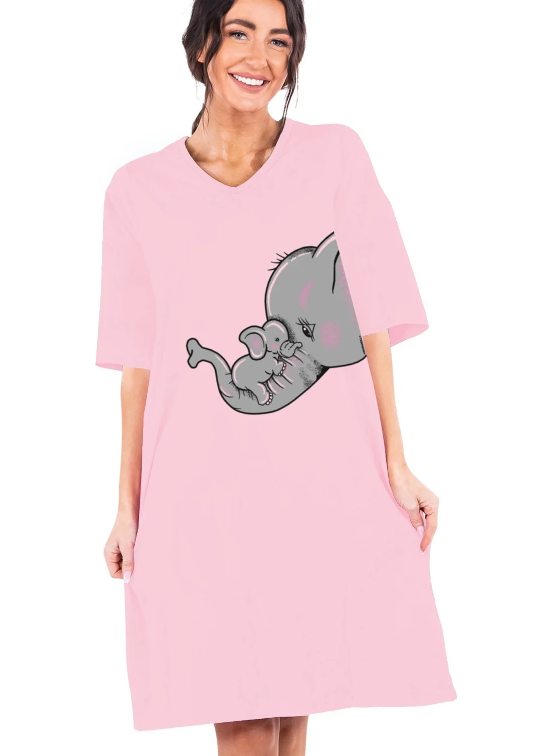 Rock&Roll Mother Child Elephants Pink V Neck Half Sleeve Knee Length Home Dress Nightgown