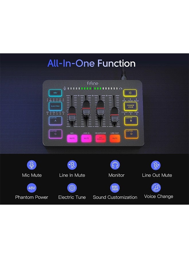 فيفين ميكسر الصوت للألعاب FIFINE، ميكسر RGB بأربعة قنوات مع واجهة ميكروفون XLR، مناسب لصوت الألعاب، البودكاست، AmpliGame SC3 - Image 4