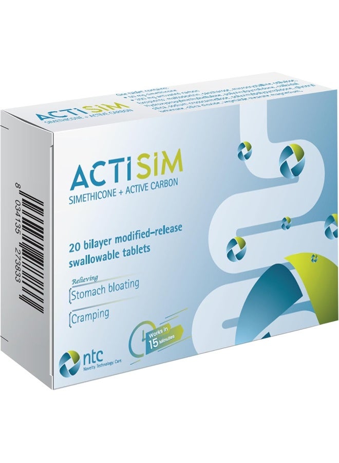 Food Factor Actisim Simethicone + Active Carbon Relieving Stomach Bloating & Cramping, Works In 15 Mins - Made In Italy - 20 Swallowable Tabs