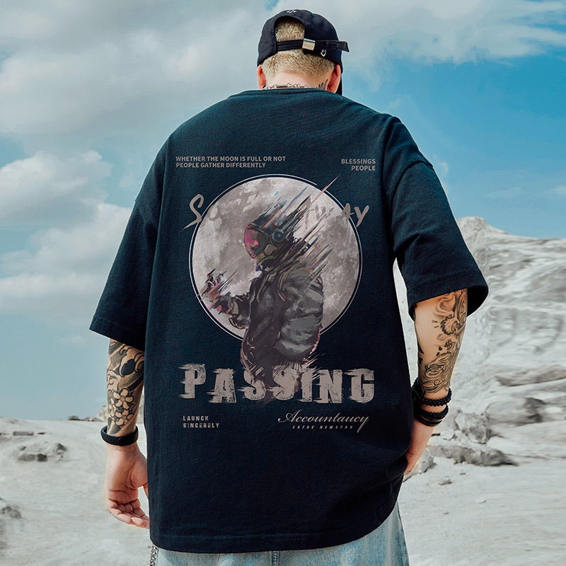 oversize American fashion brand fat men's clothing plus size loose cotton 2023 short sleeve T-shirt astronaut half sleeve summer - Image 2