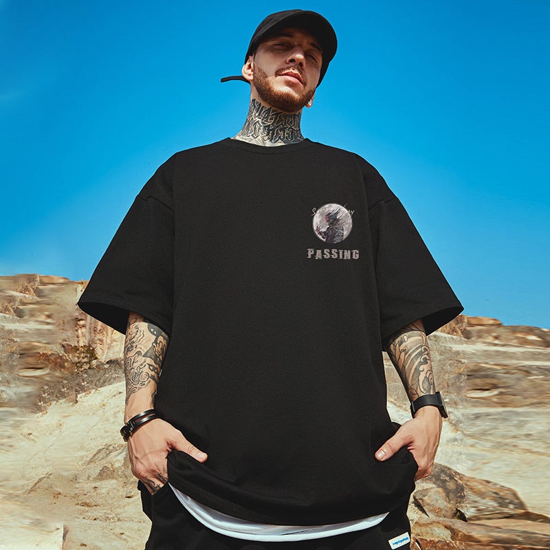 oversize American fashion brand fat men's clothing plus size loose cotton 2023 short sleeve T-shirt astronaut half sleeve summer - Image 3