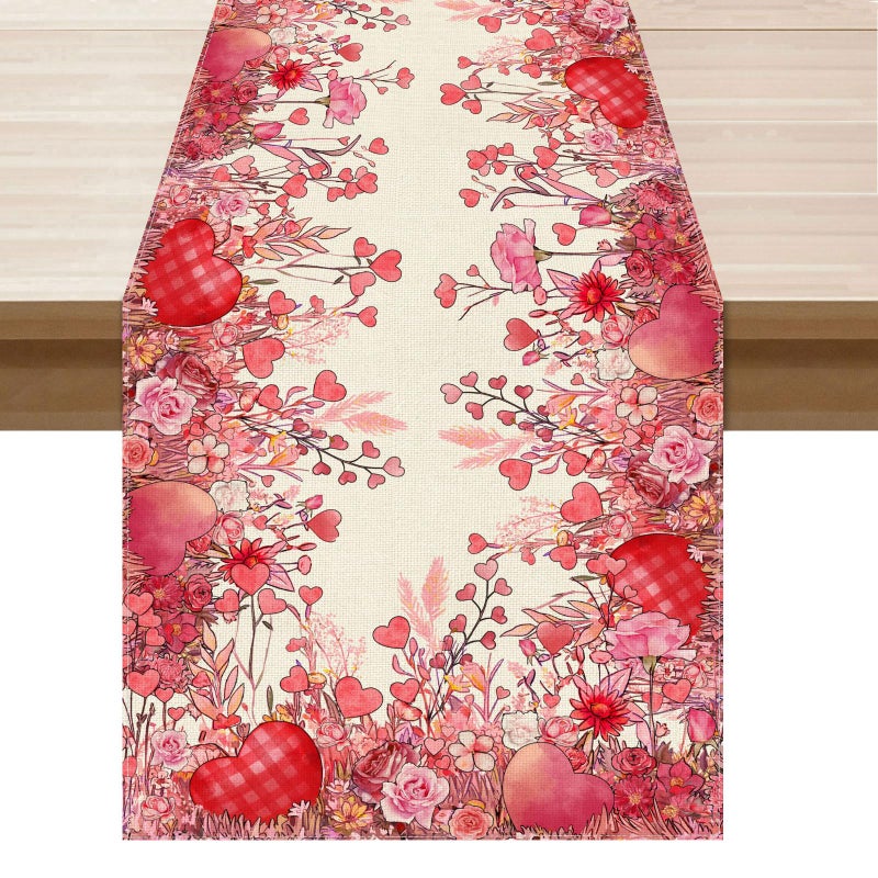 XCHI Wild Flowers Love Hearts Valentine’s Day Table Runner Table Decoration for Party Home Kitchen Dining Holiday Decor 13x72 Inch - Image 1