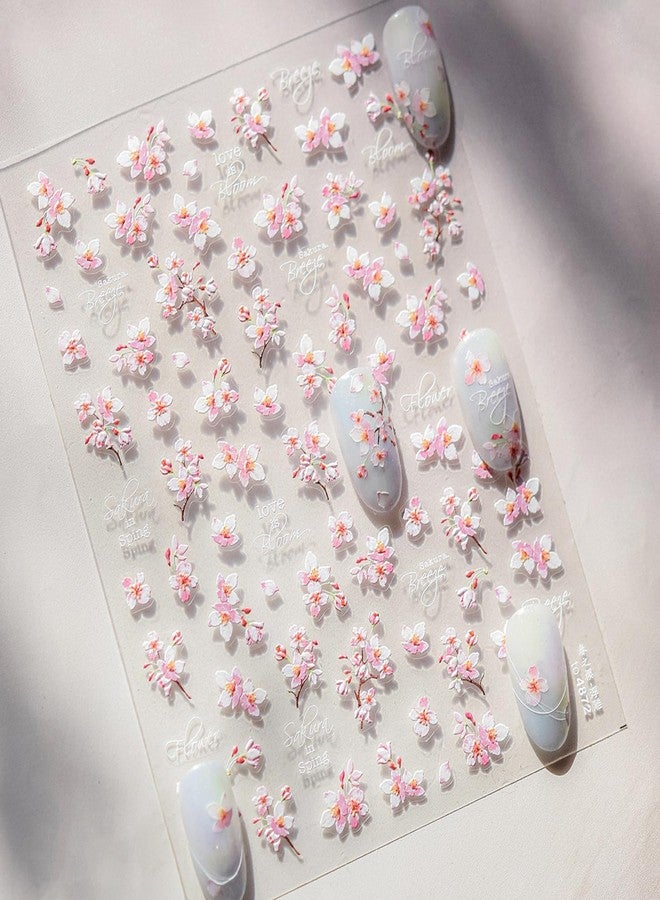 KRTBKR 5D Embossed Flower Nail Stickers Self-Adhesive Spring Summer Nail Art Stickers Pink Floral Retro English Design Nail Art Supplies Cherry Blossoms Nail Decals for Women Girls Acrylic Nails Decorations - Image 3