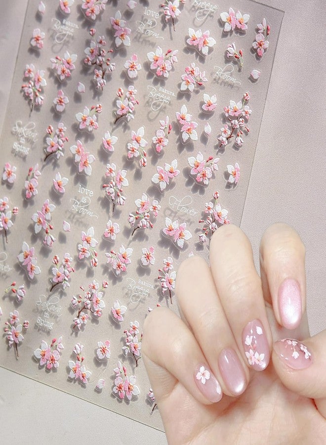 KRTBKR 5D Embossed Flower Nail Stickers Self-Adhesive Spring Summer Nail Art Stickers Pink Floral Retro English Design Nail Art Supplies Cherry Blossoms Nail Decals for Women Girls Acrylic Nails Decorations - Image 2