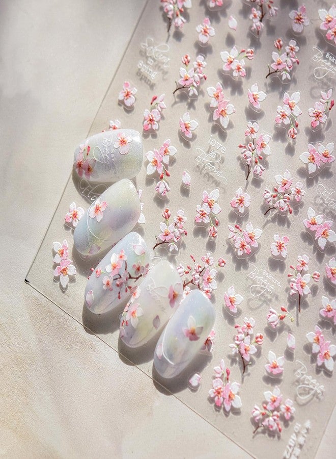 KRTBKR 5D Embossed Flower Nail Stickers Self-Adhesive Spring Summer Nail Art Stickers Pink Floral Retro English Design Nail Art Supplies Cherry Blossoms Nail Decals for Women Girls Acrylic Nails Decorations - Image 1
