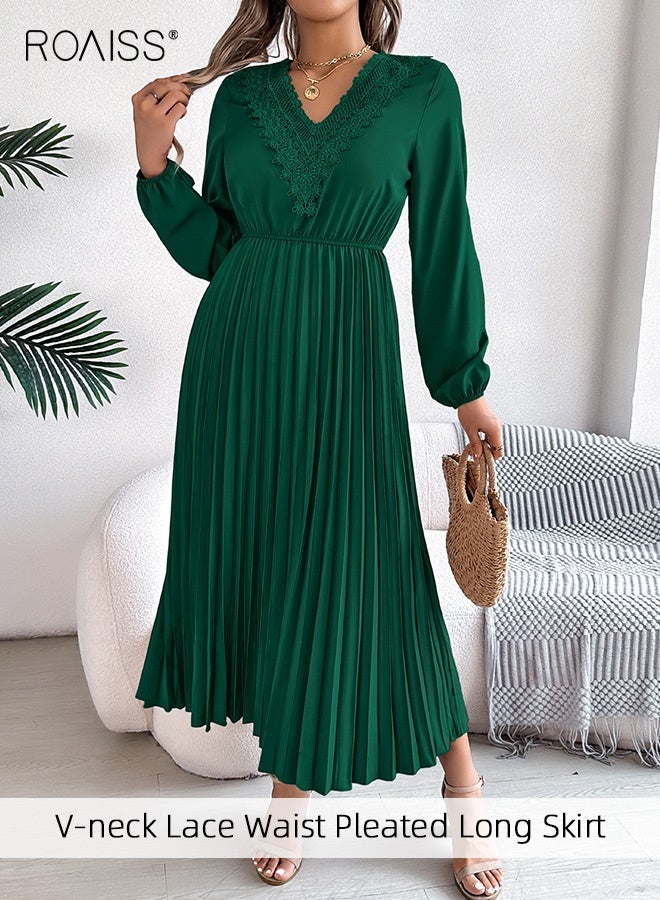 roaiss Women Elegant Long-Sleeved Pleated Maxi Dress Ladies Solid V-Neck Lace High Waist Long Skirt Green Suitable for Commuting Banquets Party Dress  - Image 4