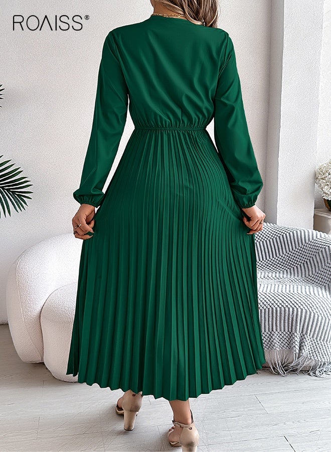 roaiss Women Elegant Long-Sleeved Pleated Maxi Dress Ladies Solid V-Neck Lace High Waist Long Skirt Green Suitable for Commuting Banquets Party Dress  - Image 3