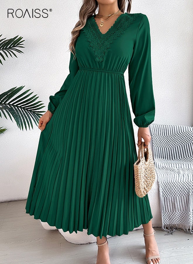 roaiss Women Elegant Long-Sleeved Pleated Maxi Dress Ladies Solid V-Neck Lace High Waist Long Skirt Green Suitable for Commuting Banquets Party Dress  - Image 1