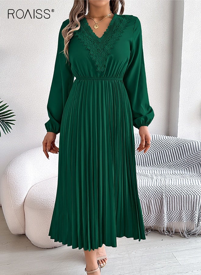 roaiss Women Elegant Long-Sleeved Pleated Maxi Dress Ladies Solid V-Neck Lace High Waist Long Skirt Green Suitable for Commuting Banquets Party Dress  - Image 5