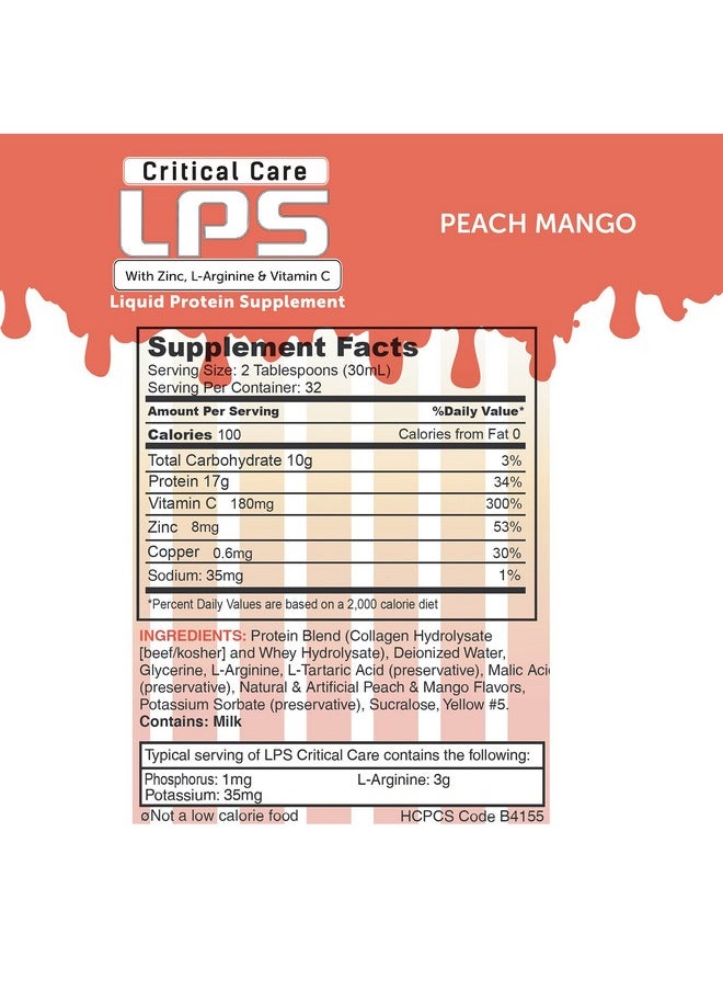 Nutritional Designs - Lps Liquid Collagen & Whey Protein Supplement, Sugar-Free, Non-Gmo Drink, Promotes Healthy Skin & Hair For Men & Women. (Critical Care) Peach Mango - Image 1