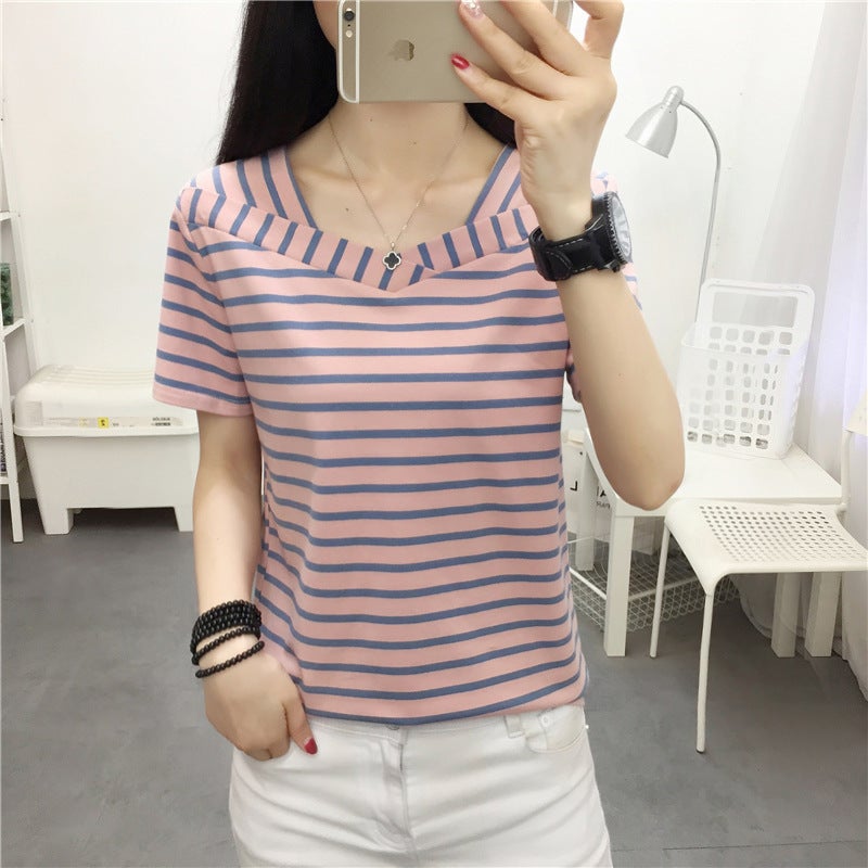 Striped T-shirt Women's Short-sleeved Cotton Summer 2023 New Korean-style Loose Slimming Middle-aged Mother All-match ins Top - Image 1