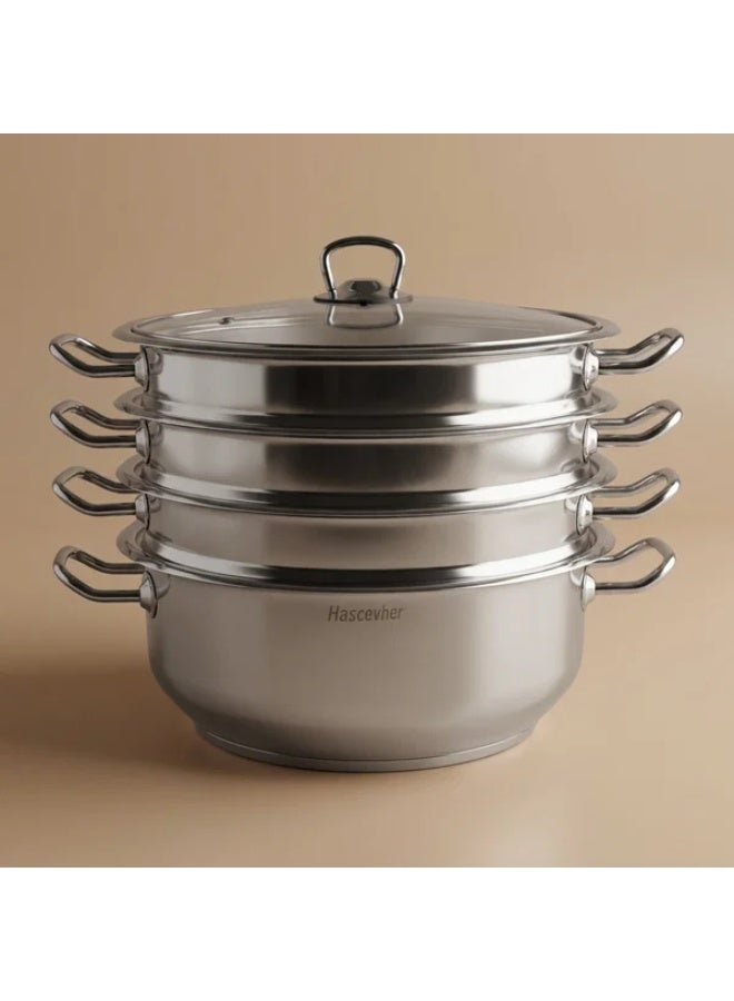 Hascevher Stainless Steel Cookware Set, 28cm, 5 Pieces, Pot, Three Strainers - Silver - Image 1